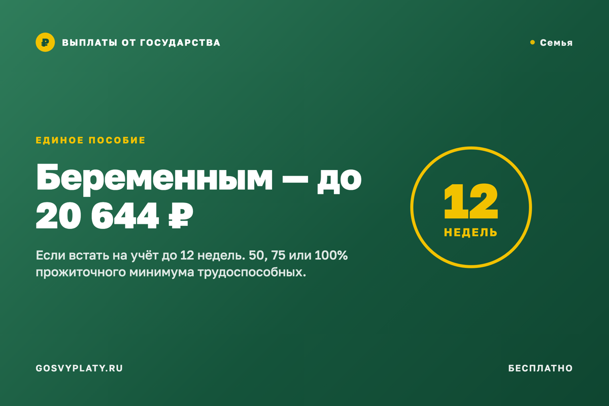 Единое пособие беременным: до 20 644 ₽ в месяц, если встать на учёт до 12 недель