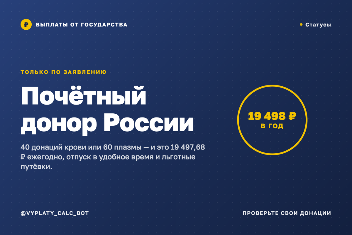 Почётный донор России: 19 497,68 ₽ каждый год плюс льготы