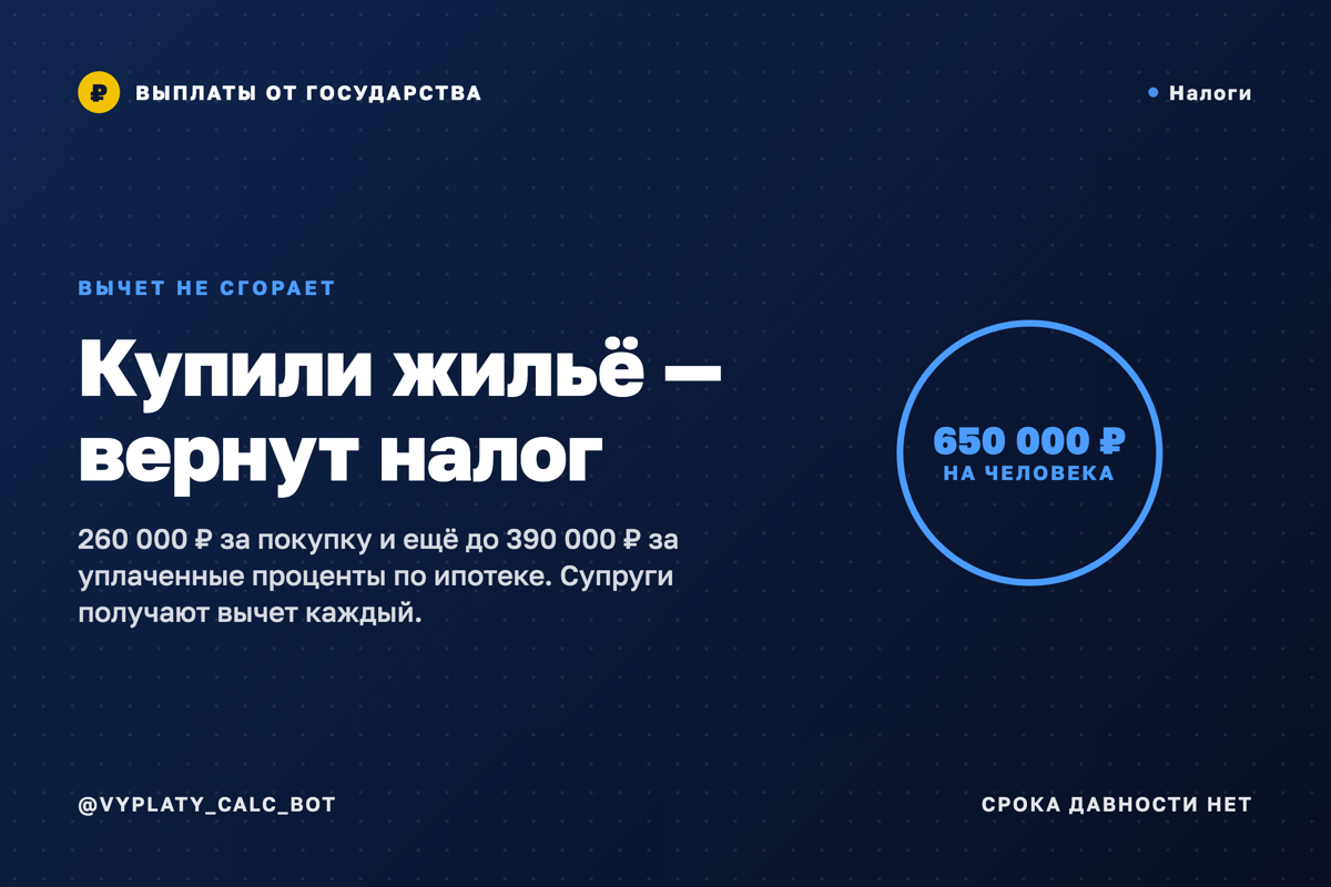 Имущественный вычет: до 650 000 ₽ живыми деньгами при покупке жилья